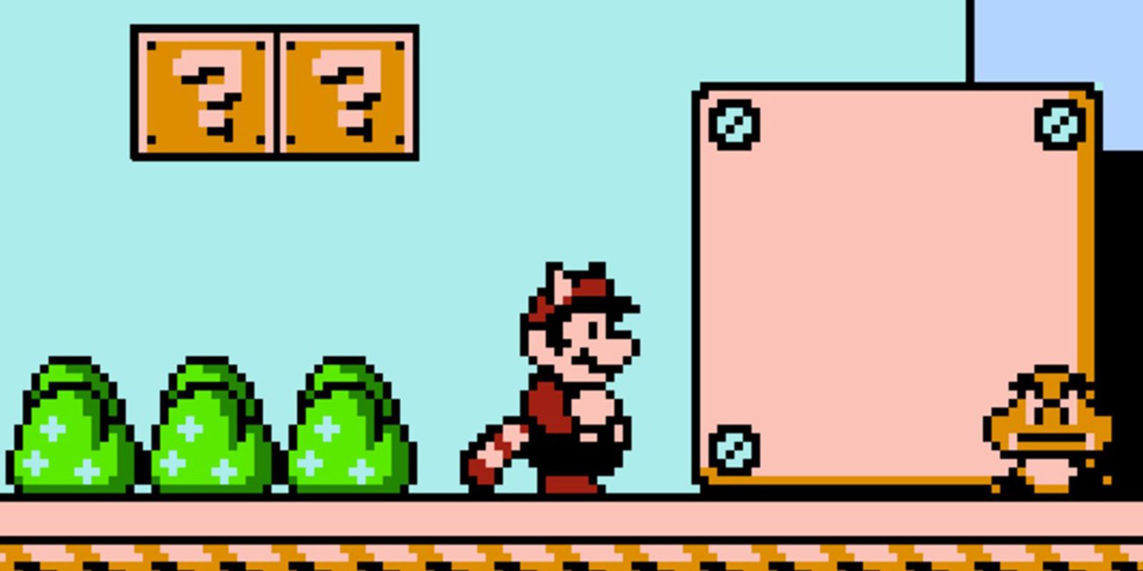 The opening level of Super Mario Bros. 3, featuring a Tanooki suit and a goomba.