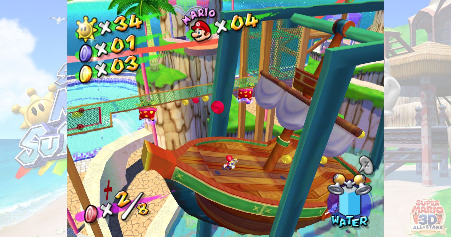 Mario jumping to collect red coins on pirate ships in pinna park.