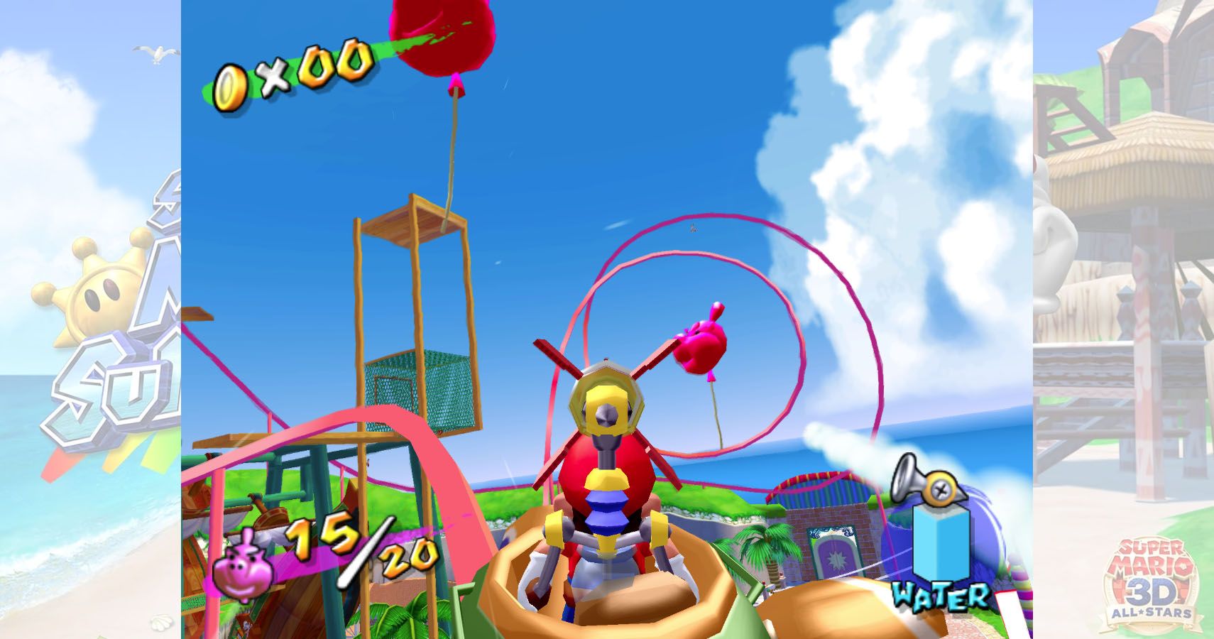 Mario on a rollercoaster in pinna park hitting baloons in super mario sunshine.