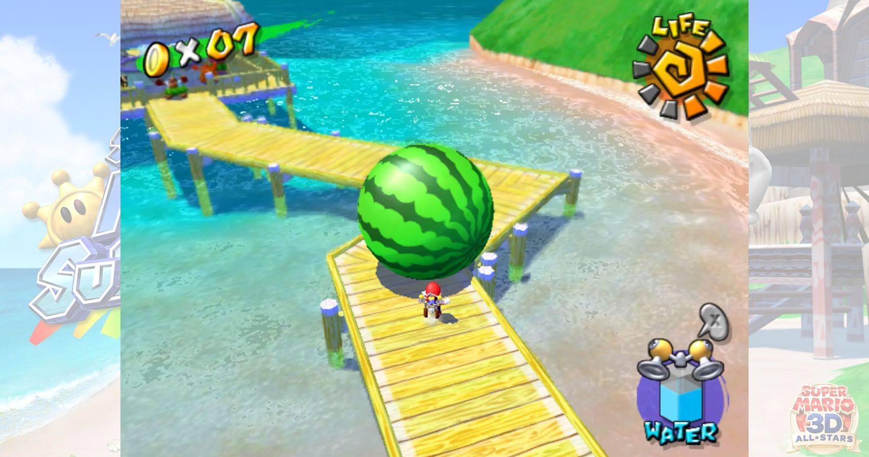 Mario pushing a watermelon along gelato beach in watermelon festival level of super mario sunshine.