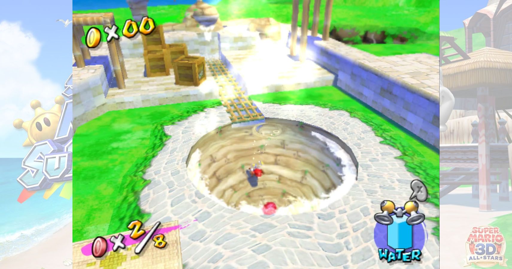 Mario in the water pool in fluffl festival coin hunt level of super mario sunshine.