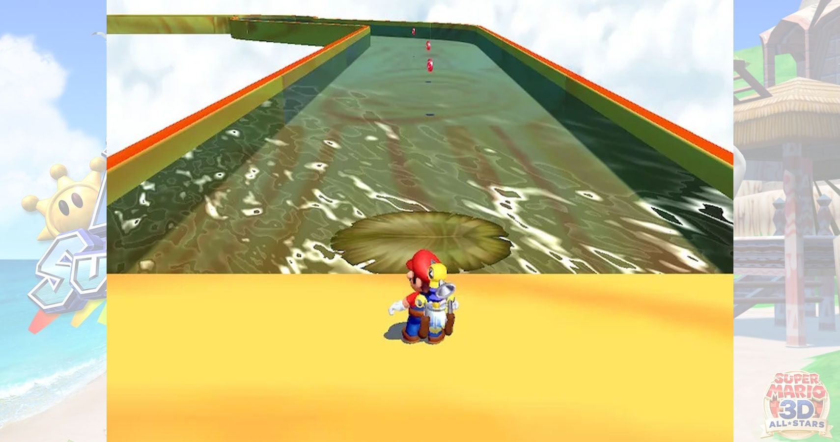 Mario about to jump onto lily pad and collect coins in poisonous river in super mario sunshine.