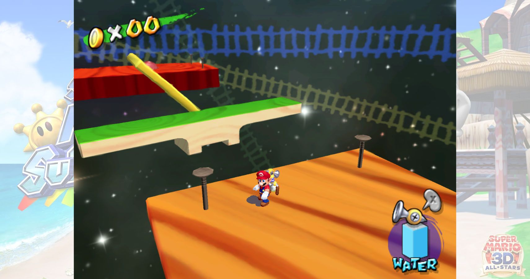 Mario at the start of the shell's secret platform level in super mario sunshine.