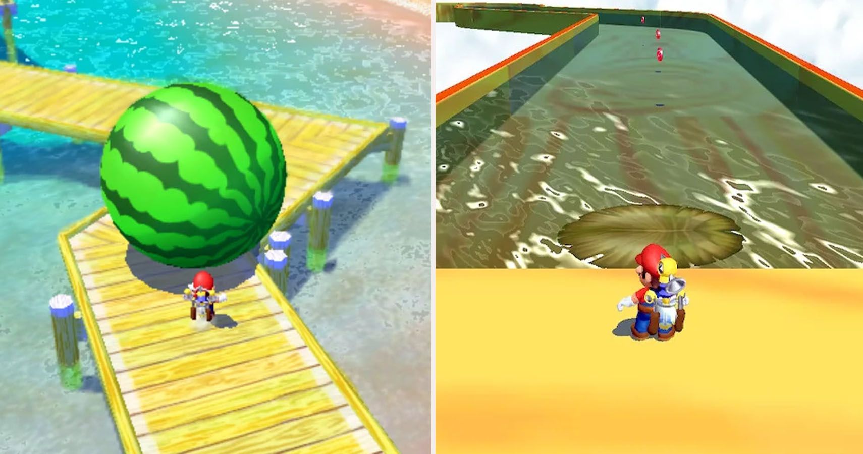SPlit image watermelkon festival and lily pad ride levels from super mario sunshine.