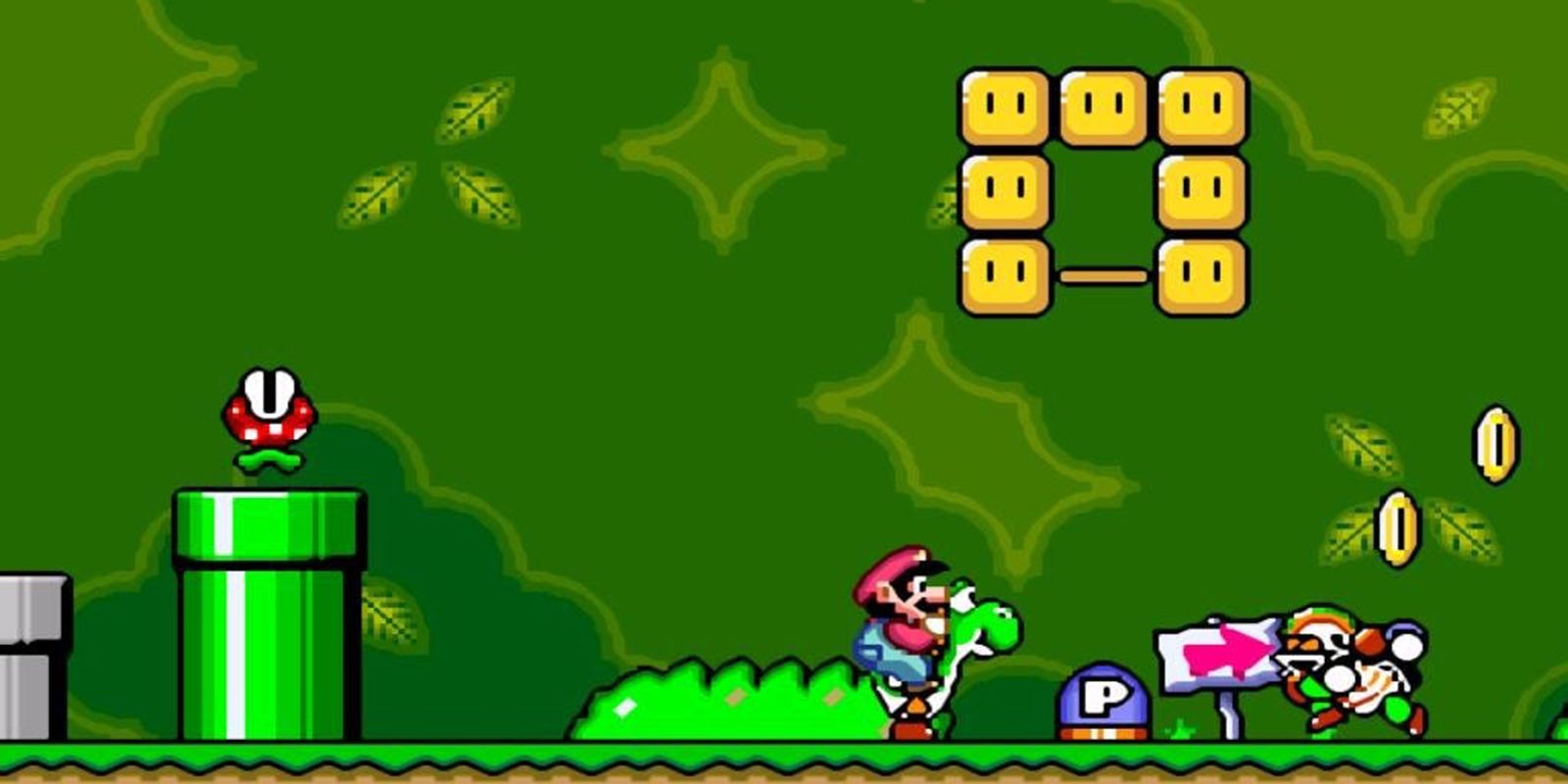 A level in Super Mario World, with Mario riding Yoshi, a Chargin' Chuck, and a Piranha Plant