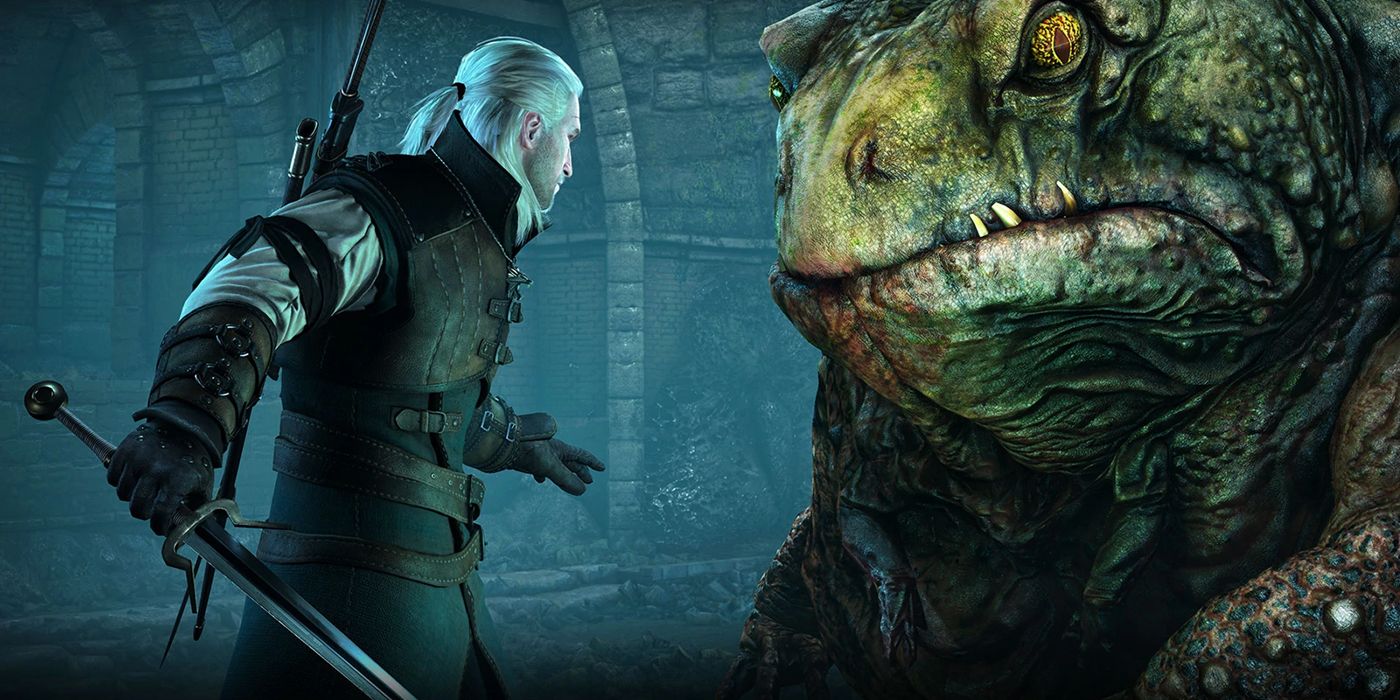 The Witcher 3 Geralt Faces Down A Fantastical Giant Frog In Novigrad Sewers