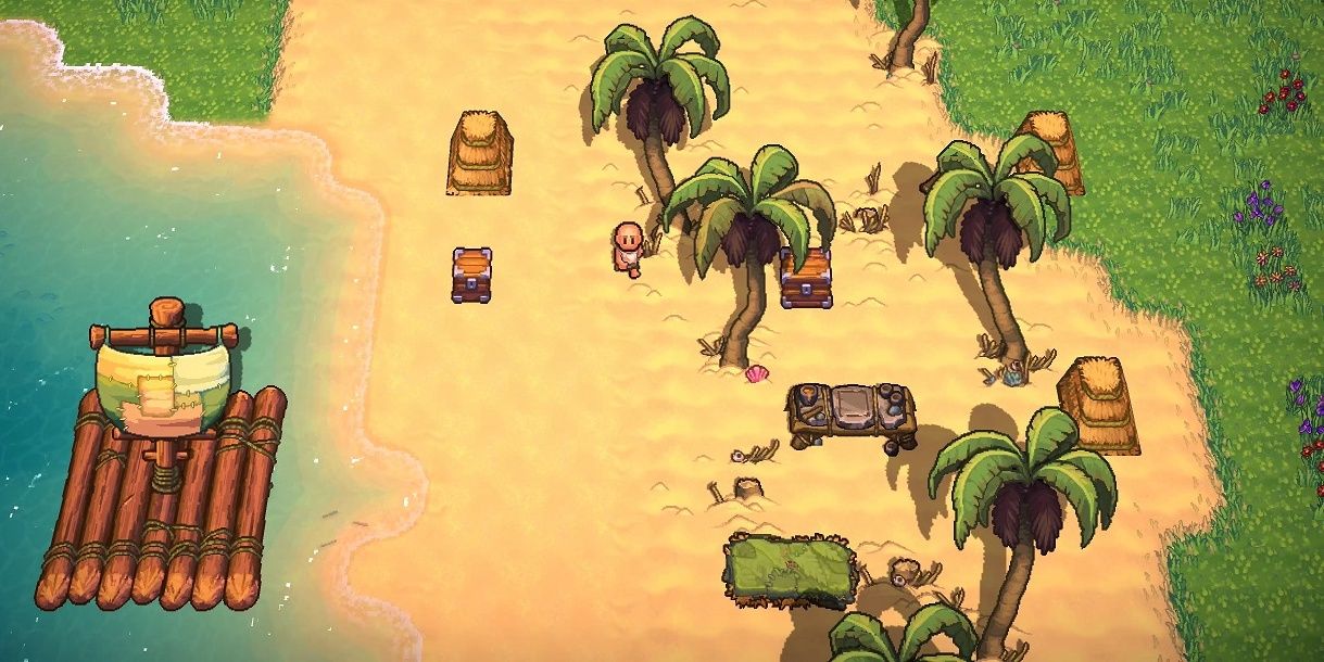 The Survivalists gameplay. on a beach with a raft on the left and the player on the beach in the middle