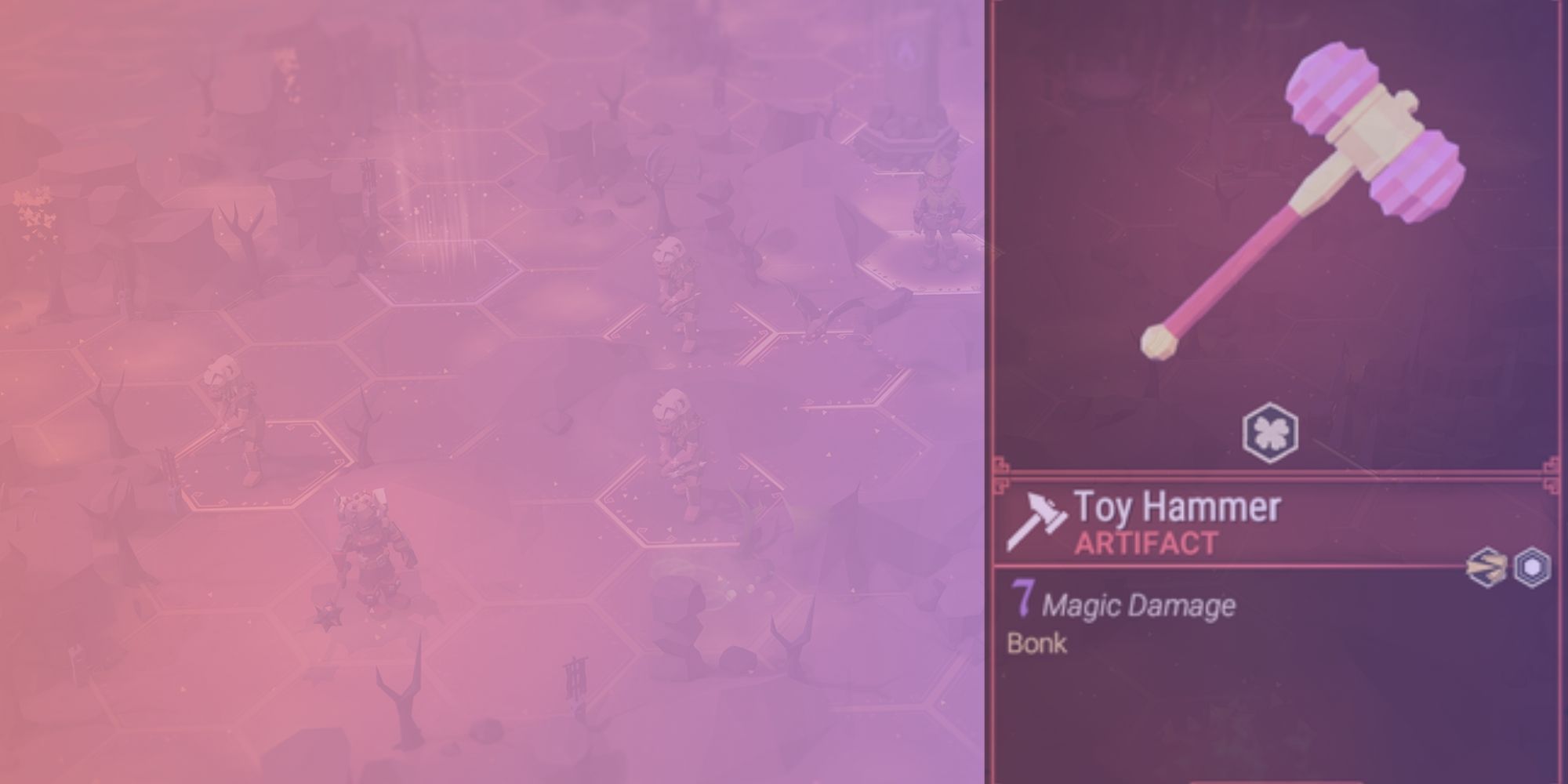 Toy hammer stats over a pink and purple gradient background