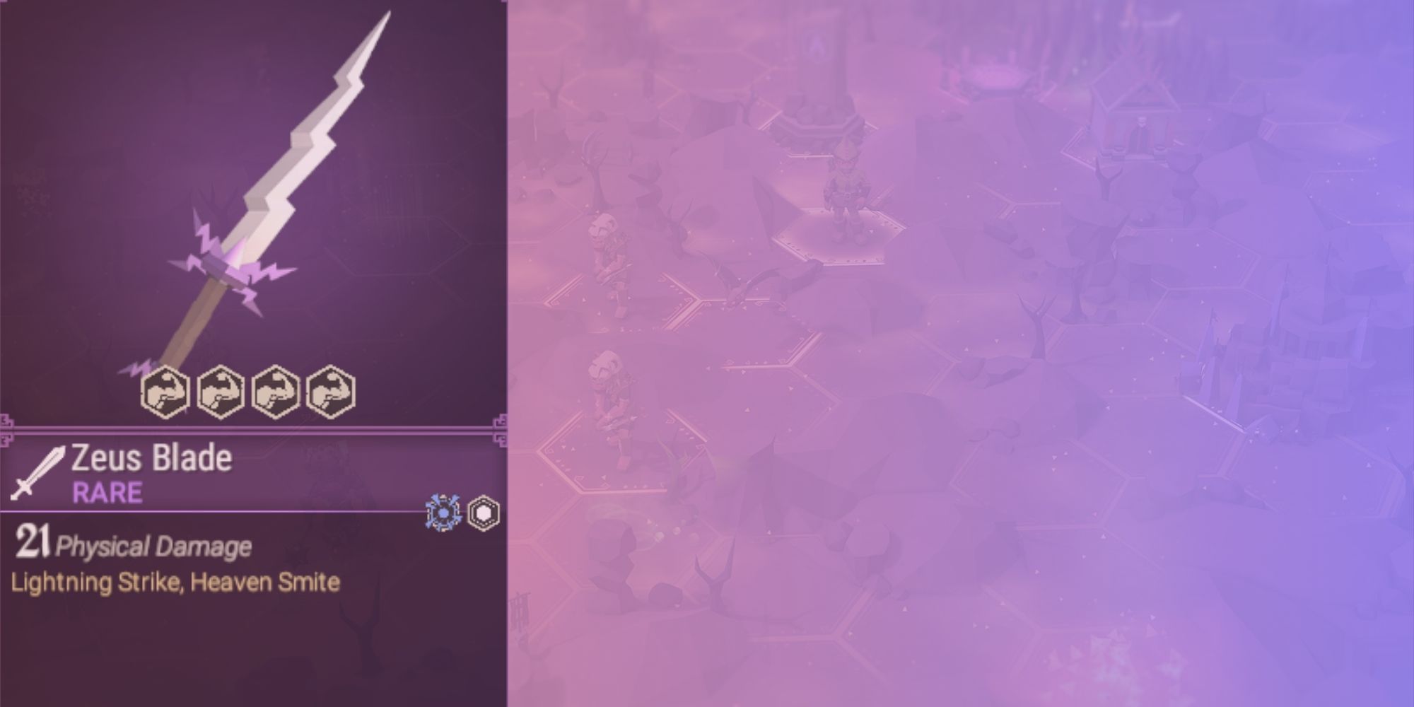 Zeus blade stats over a pink and purple gradient background