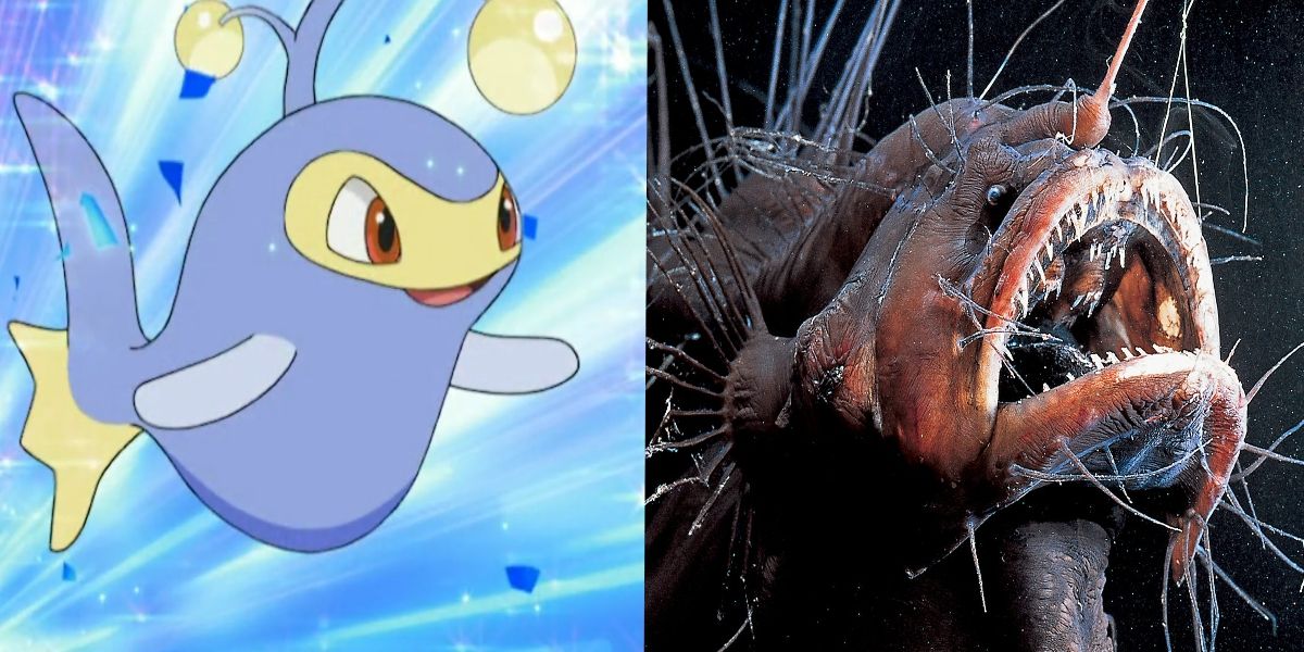 a split picture of lanturn from pokemon and an anglerfish