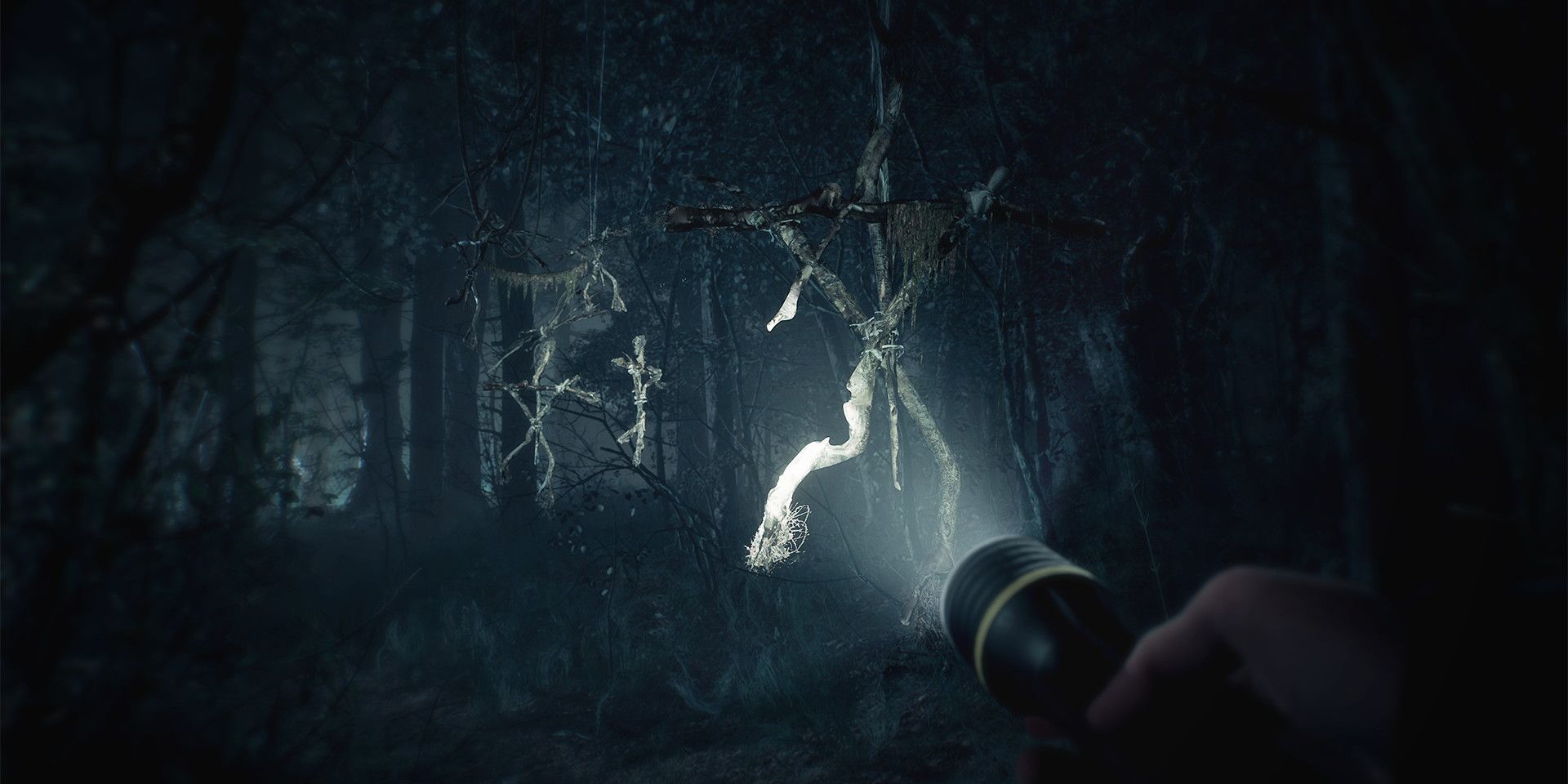Blair Witch - Ellis Shining A Flashlight In The Middle Of A Dark, Creepy Woods