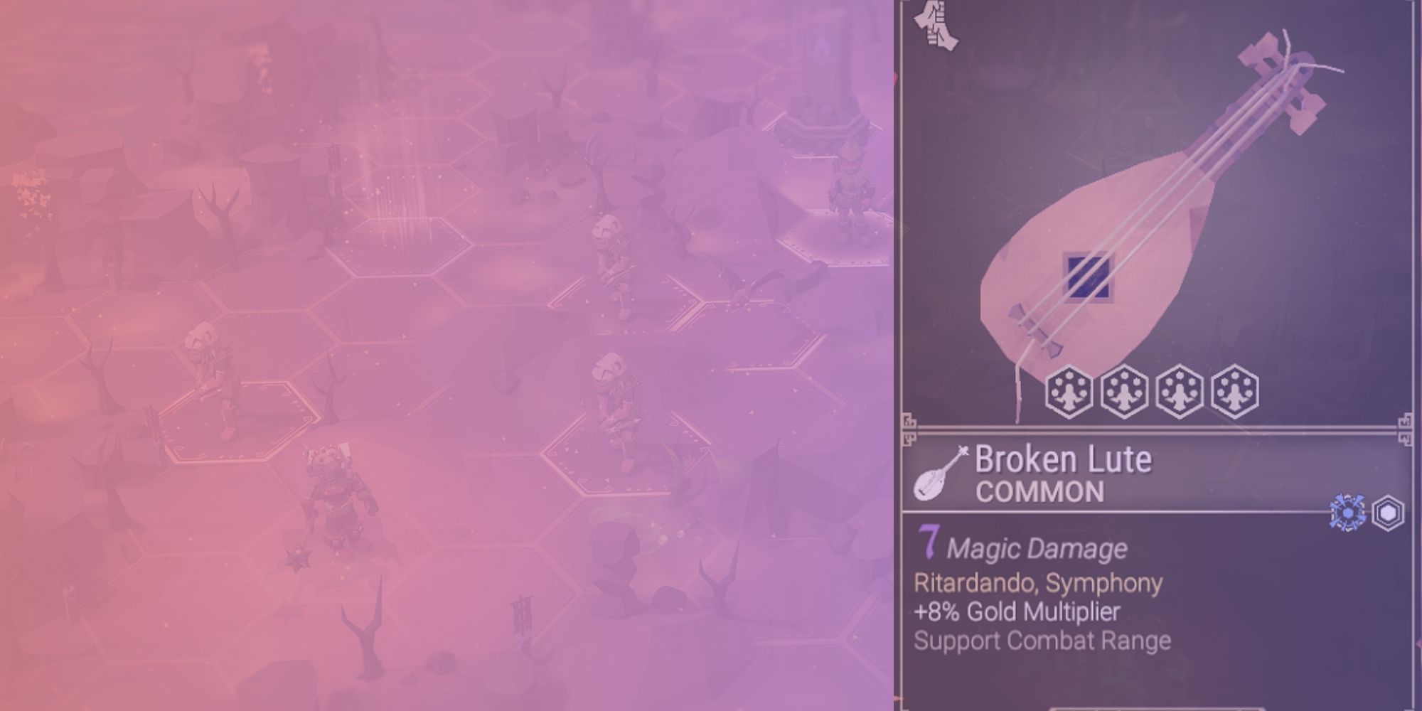 Brokrn lute stats over a pink and purple gradient background