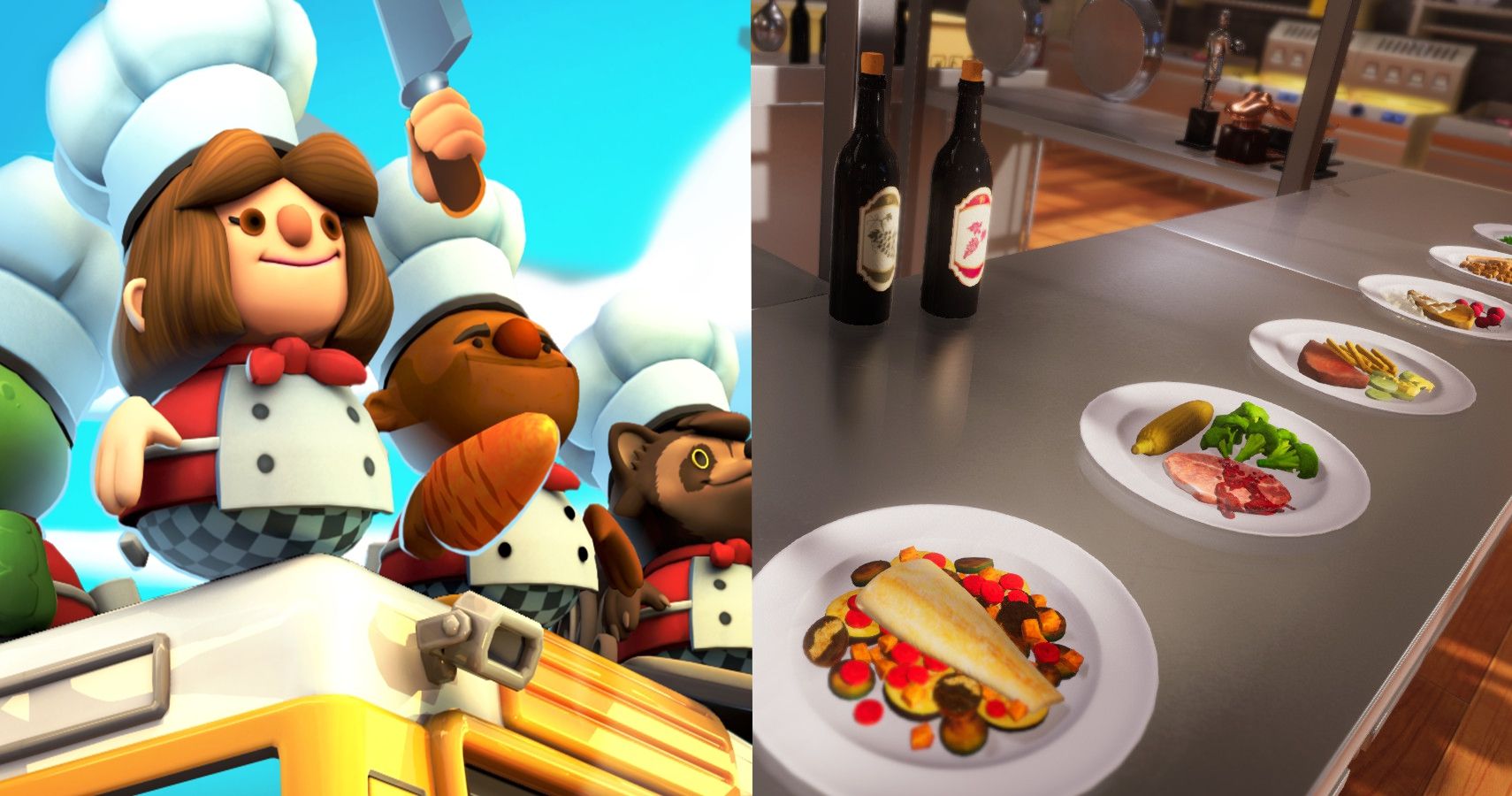 combination of overcooked promo art and a screenshot of delicious meals from cooking simulator