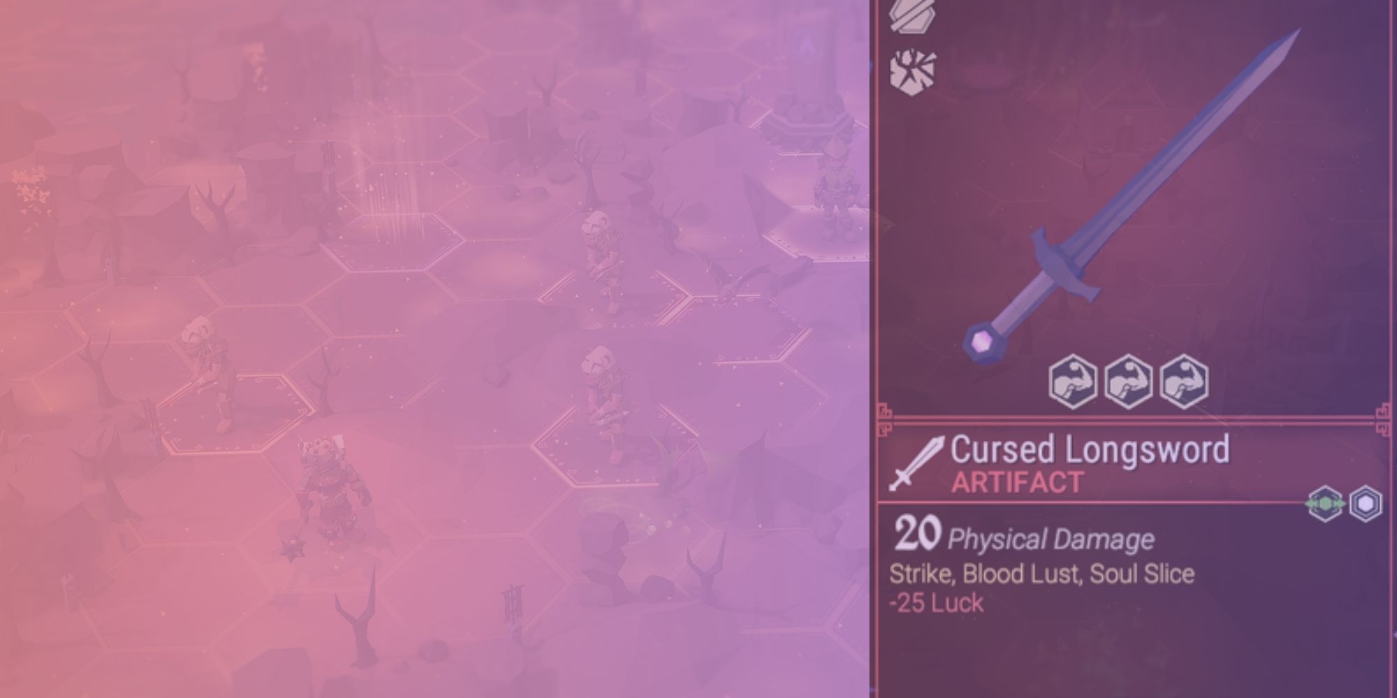 Cursed longsword stats over a pink and purple gradient background