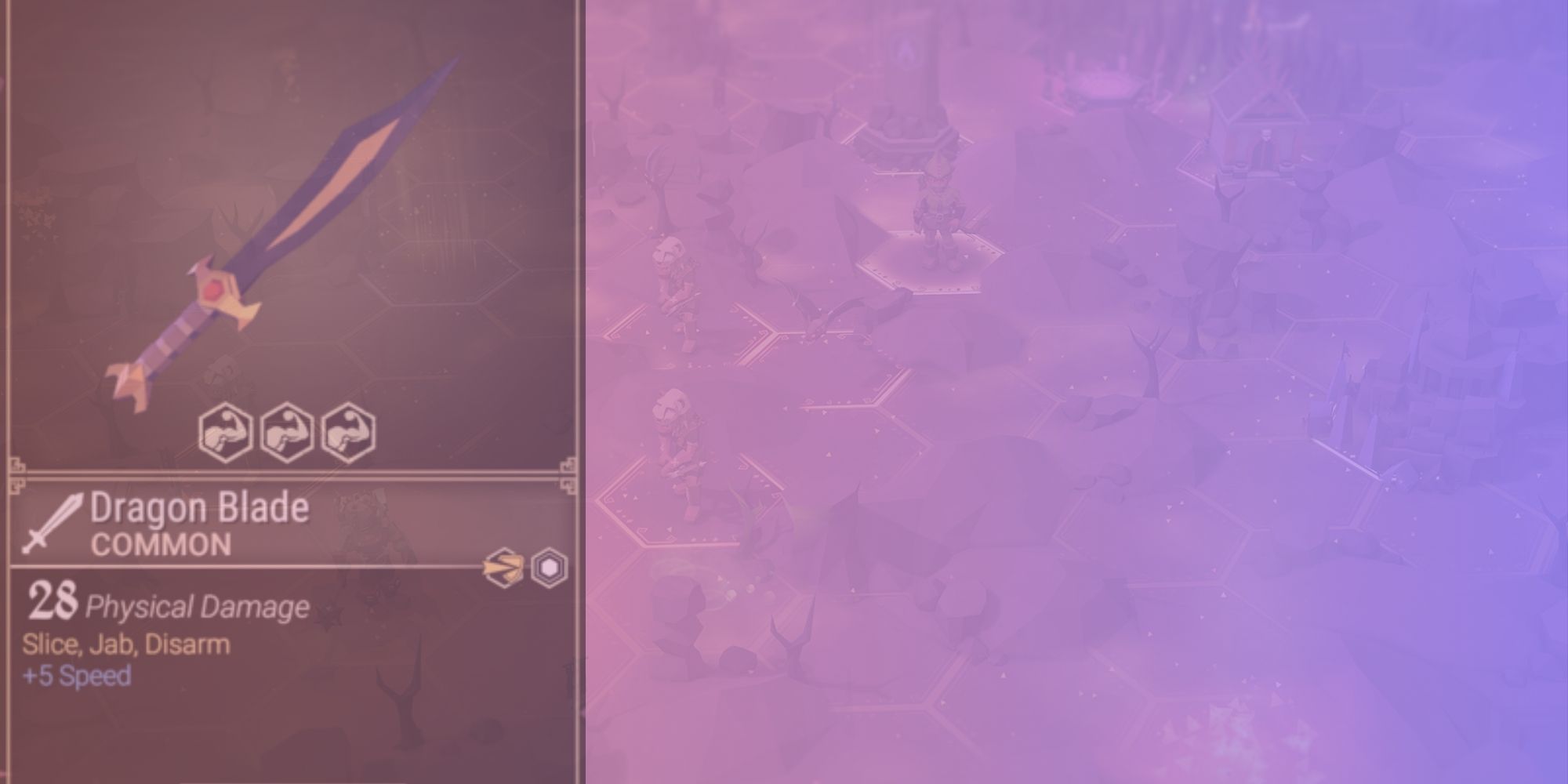 Dragon blade stats over a pink and purple gradient background