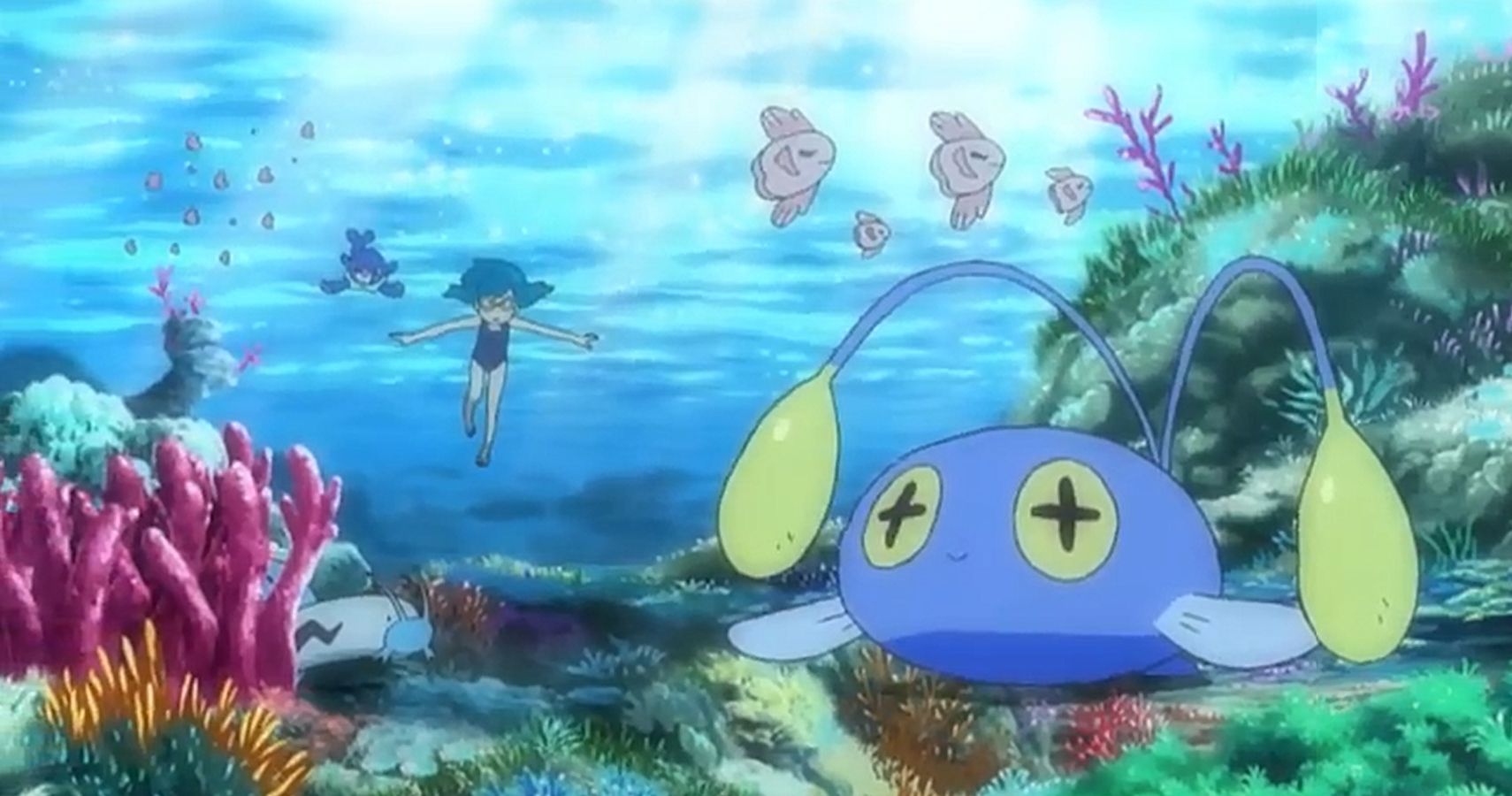 screenshot of pokemon sun and moon anime underwater chinchou