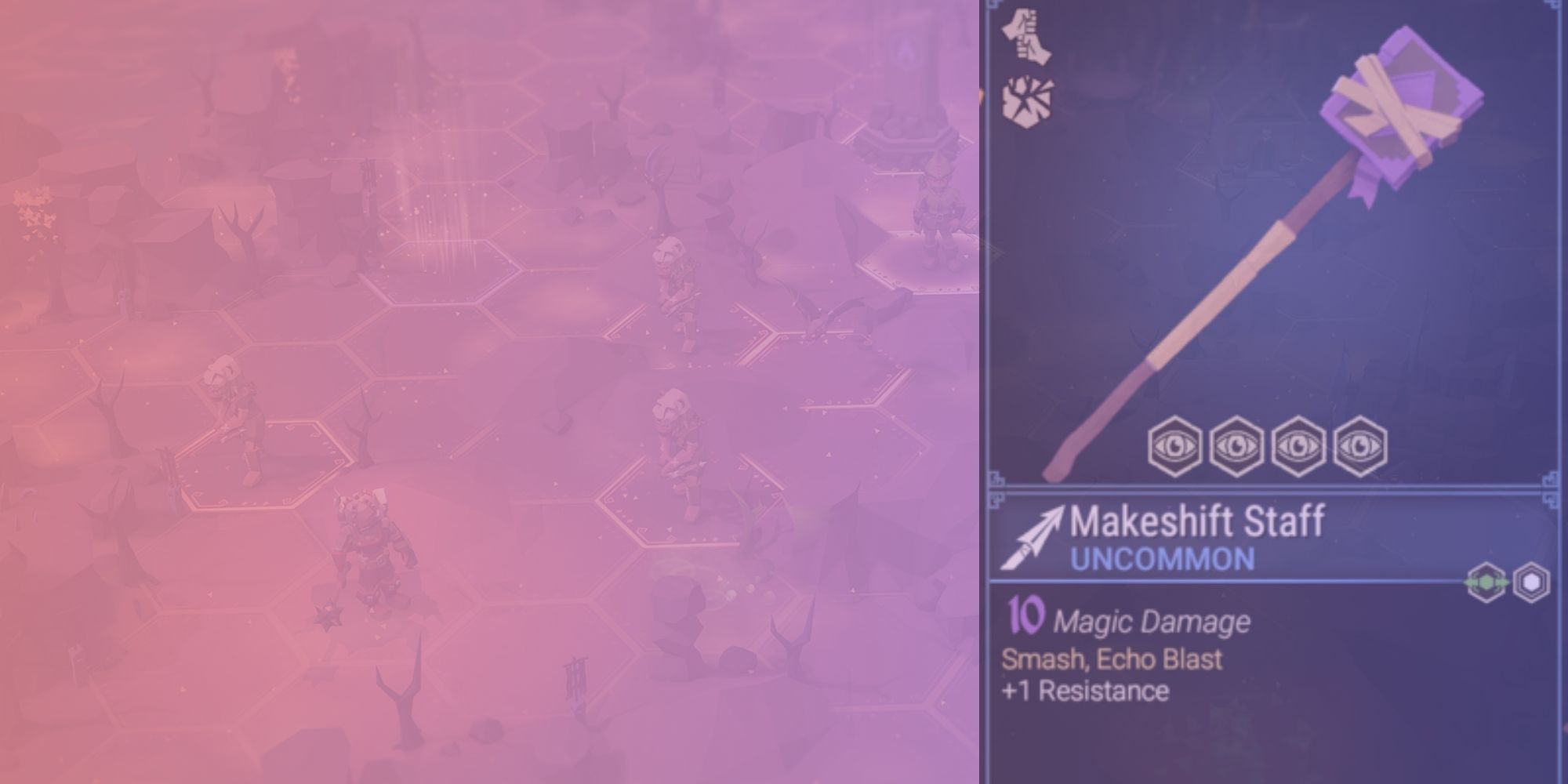 Makeshift staff stats over a pink and purple gradient background