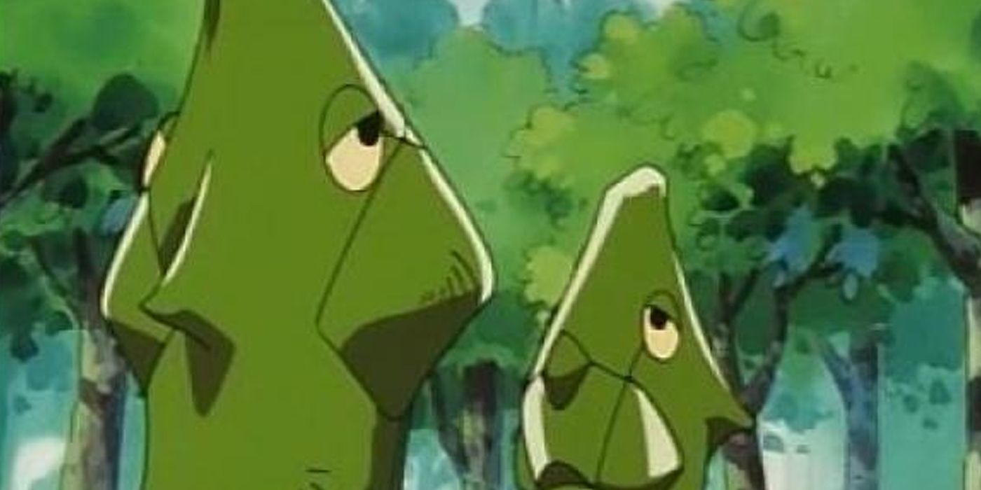 Metapod facing off against another Metapod in the Pokemon anime