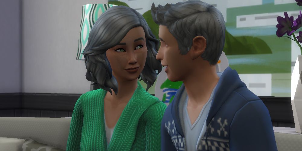 Two elders looking at each other and smiling in The Sims 4