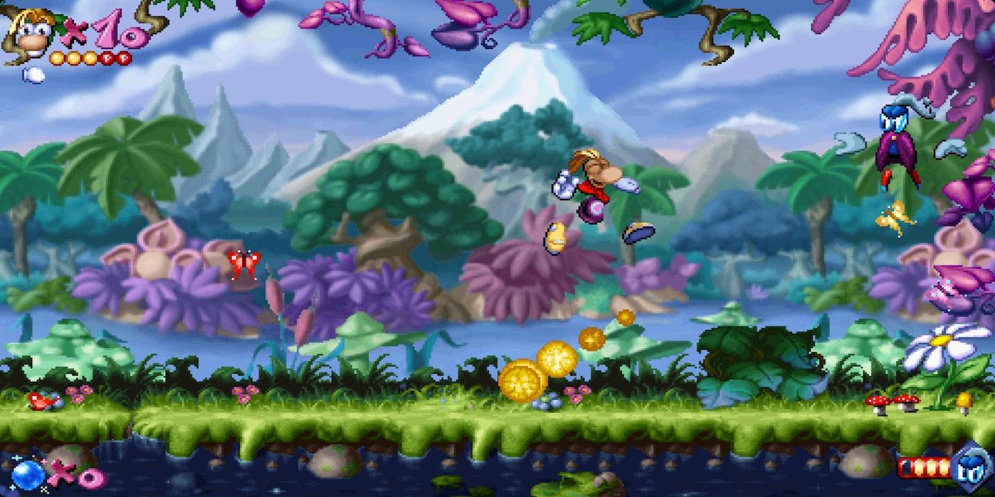 A gameplay screenshot from Rayman Redemption in a colorful level with various enemies and flora.