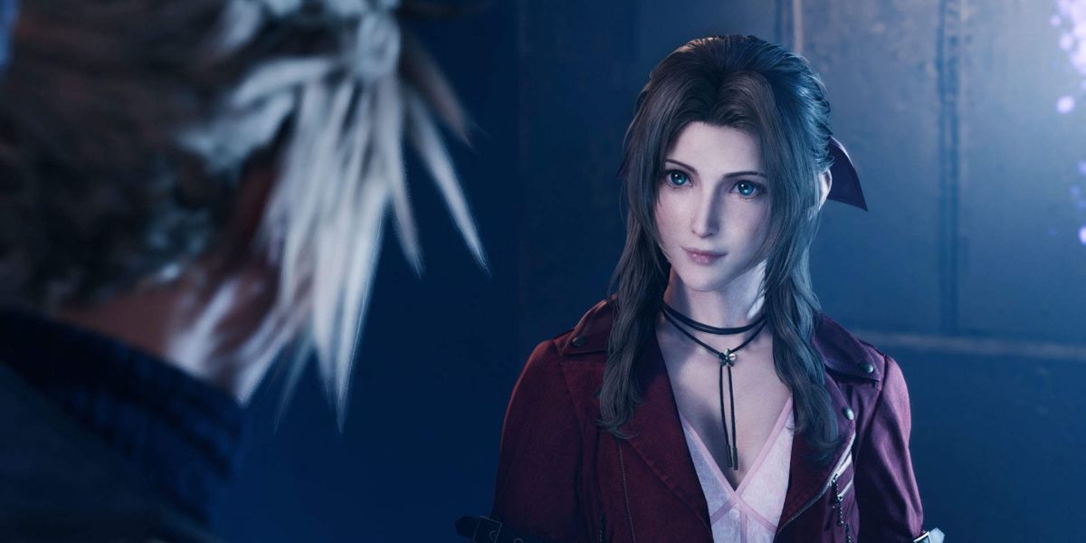 Aerith looking at Cloud in Final Fantasy 7 Remake