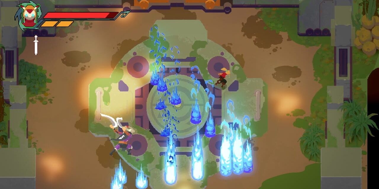 Ancient Abyss gameplay of a battle, blue flames pour all around as the characters dodge