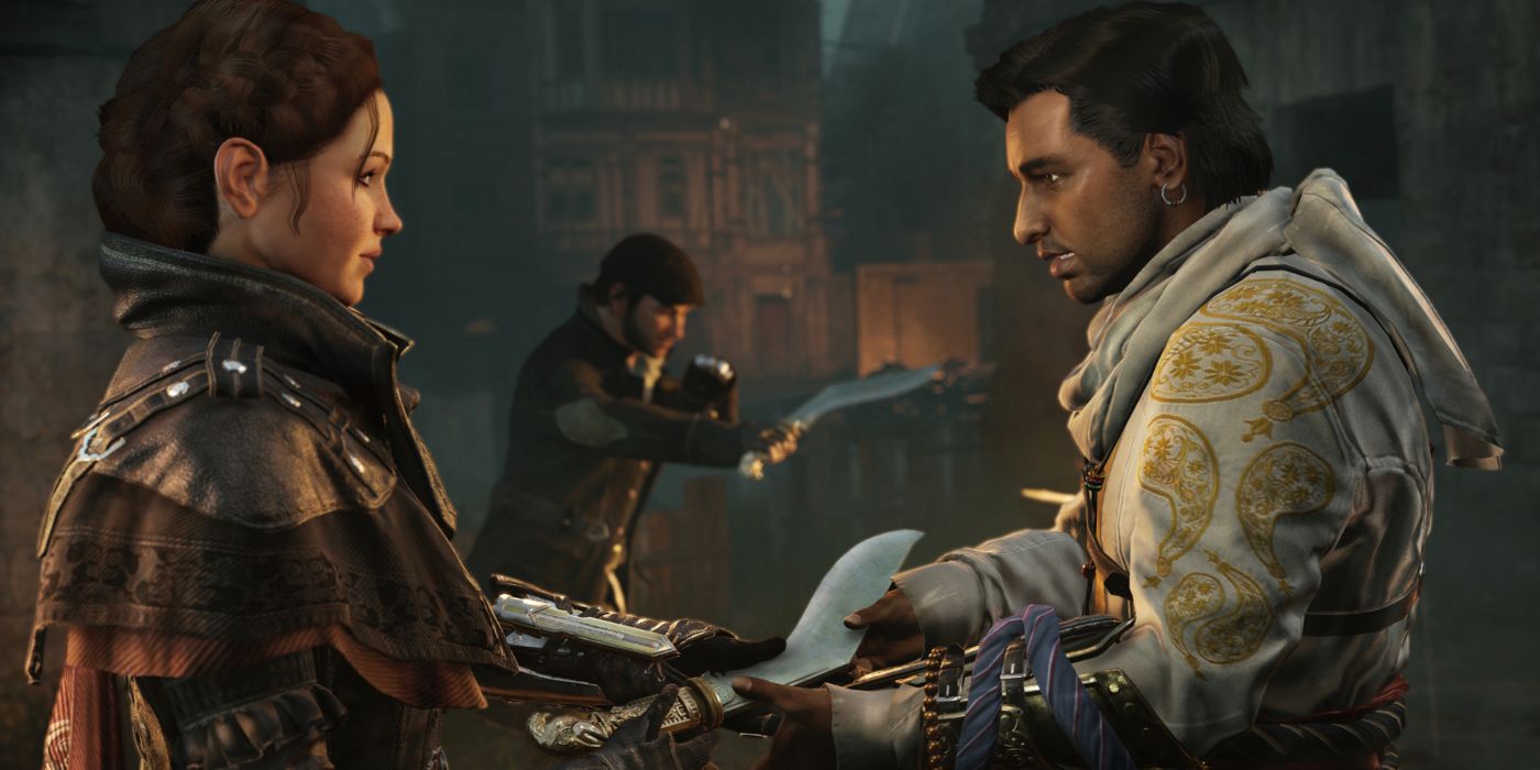 Screenshot Assassin's Creed Henry Green Giving Weapon Evie with Jacob Playing with a Weapon in the background