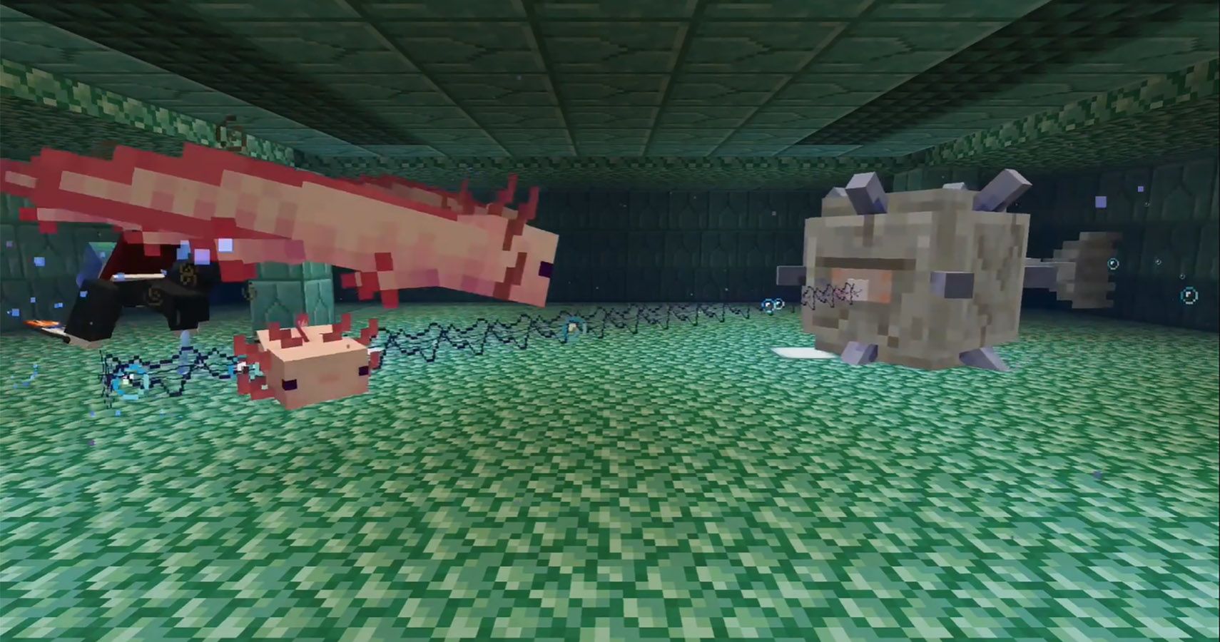 Axolotls fighting an ocean Guardian in Minecraft