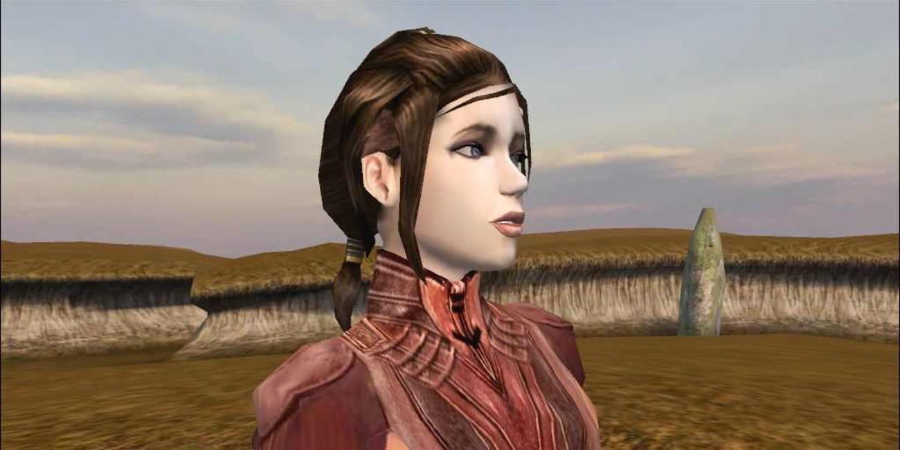 Bastila Shan looks to the right in a field on Dantooine in Star Wars Knights Of The Old Republic.