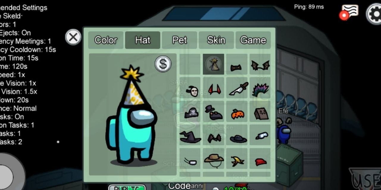 Customisation screen of Among Us character wearing blue skin and party hat
