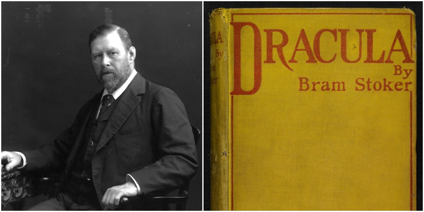 image of Bram Stoker next to a yellow copy of his book Dracula with red lettering
