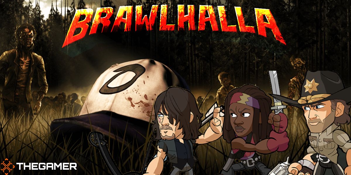 The three Walking Dead Brawlhalla fighters stand over a still of Clementine's hat. The Brawlhalla logo is top center.