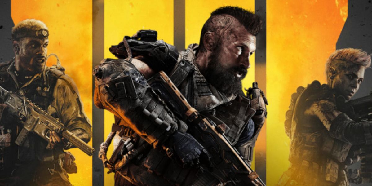 Call of Duty Black Ops 4 Cover Art Man Standing With Assault Rifle Next To Two Other Soldiers In Front Of Glowing Orange Roman Numeral Four
