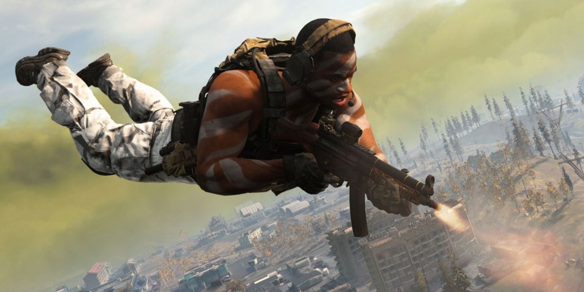 Call of Duty Warzone Season 5 Promotional Art Man Falling Through Air Whilst Shooting Gun