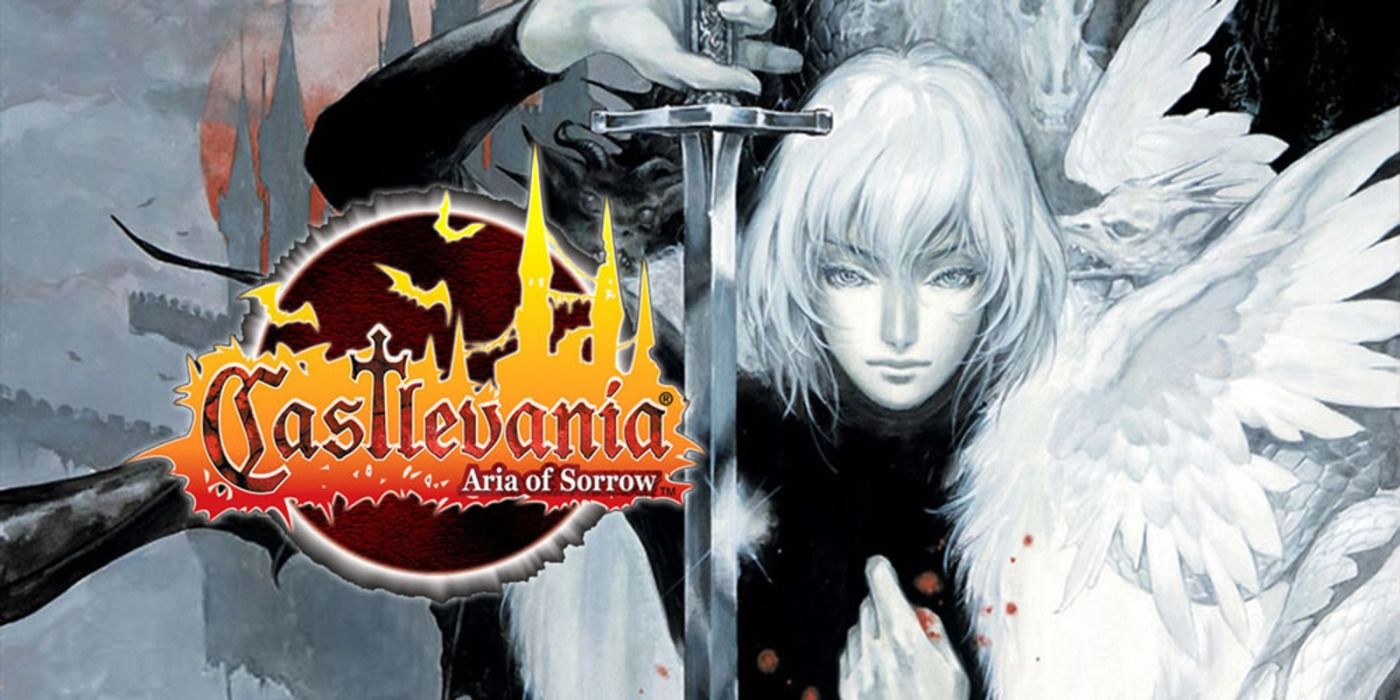 image of Soma Cruz holding a sword next to the logo for Castlevania: Aria of Sorrow