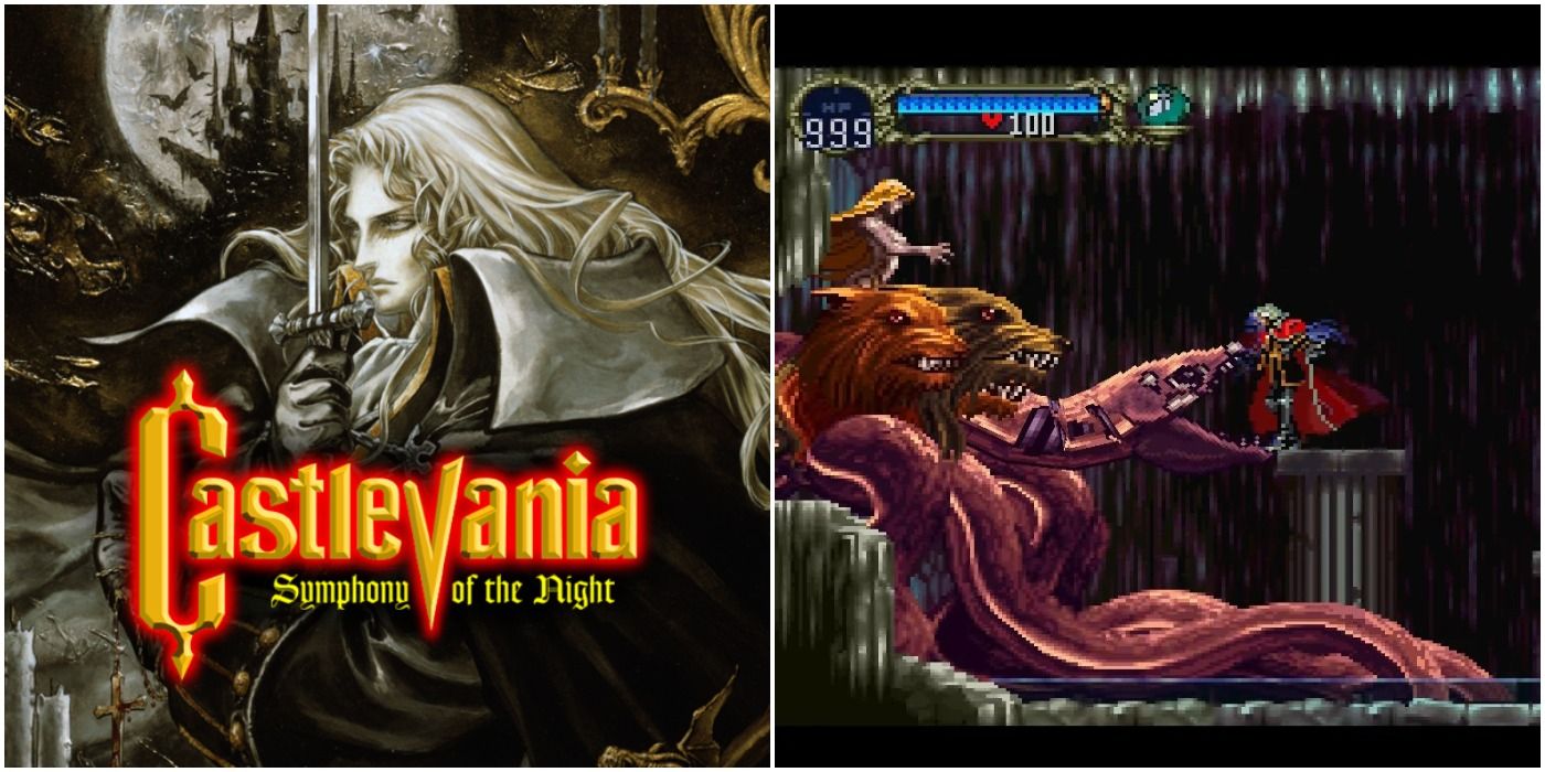 image of gameplay and the promotional poster of Castlevania: Symphony of the Night with Alucard holding a sword