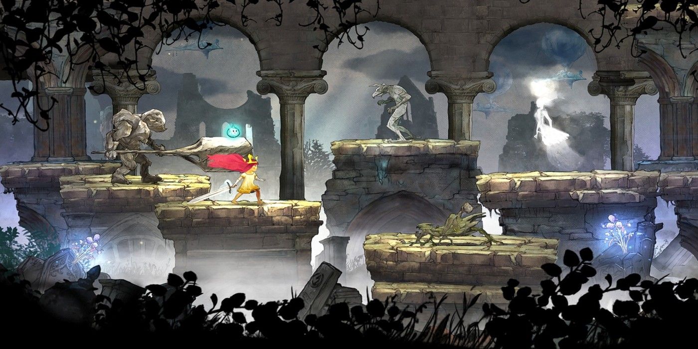 The protagonist fighting monsters on stone platforms in Child of Light near a blue orb.