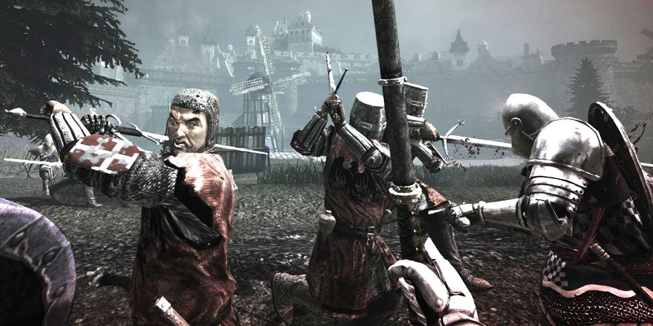 The player in the middle of a sword fight during a battle in Chivalry Medieval Warfare