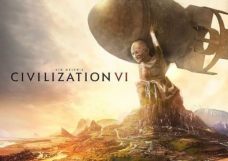 A creative rendering of Civilization VI promotional art with Ghandi holding a nuclear weapon.
