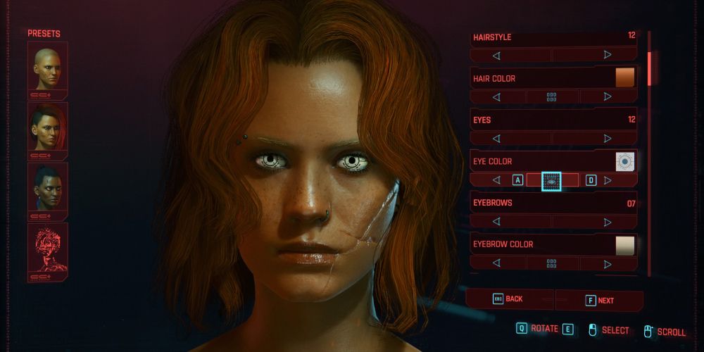 A screenshot showing the character creator in Cyberpunk 2077.