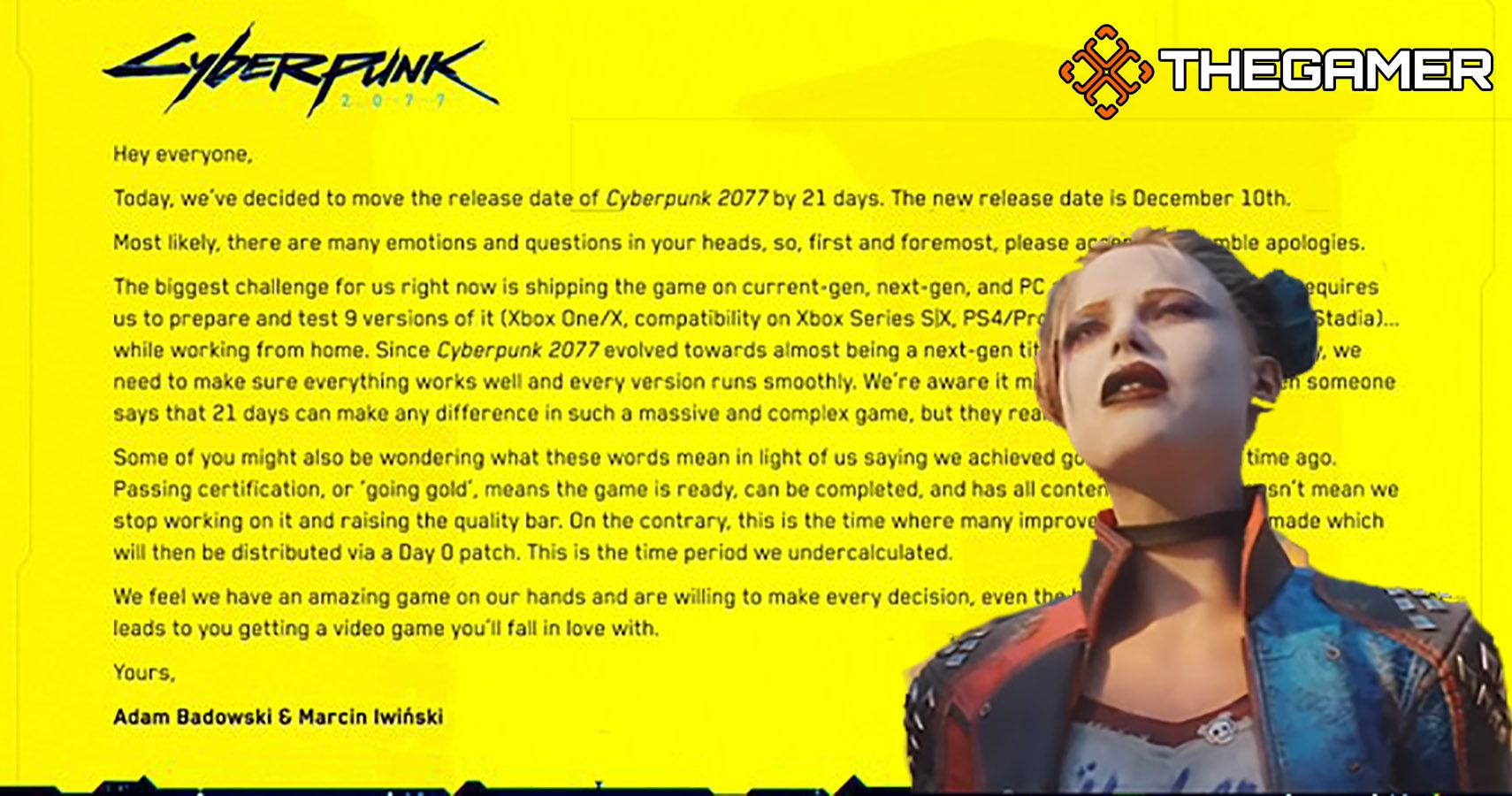 CDPR's announcement that Cyberpunk 2077 would be delayed until December 10