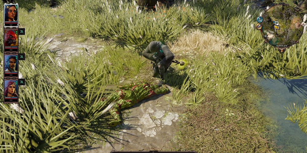 Divinity: Original Sin 2, Fane Kneeling over a corpse in rugged clothes near Fort Joy