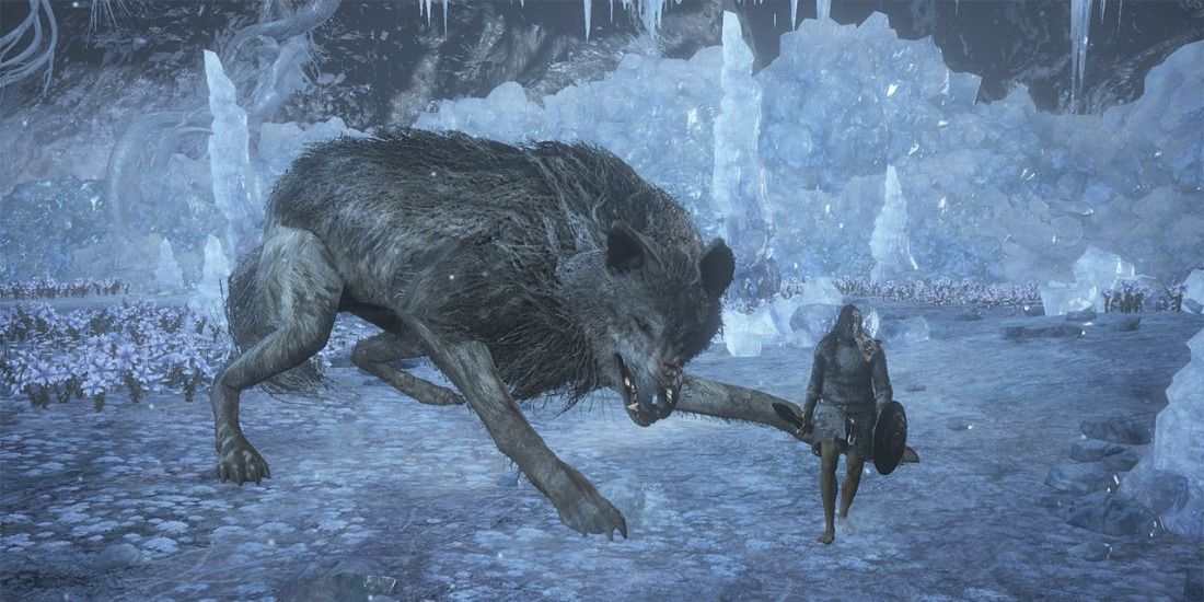 The bosses Champion's Gravetender and Gravetender Greatwolf in Dark Souls 3 ready to take on a player