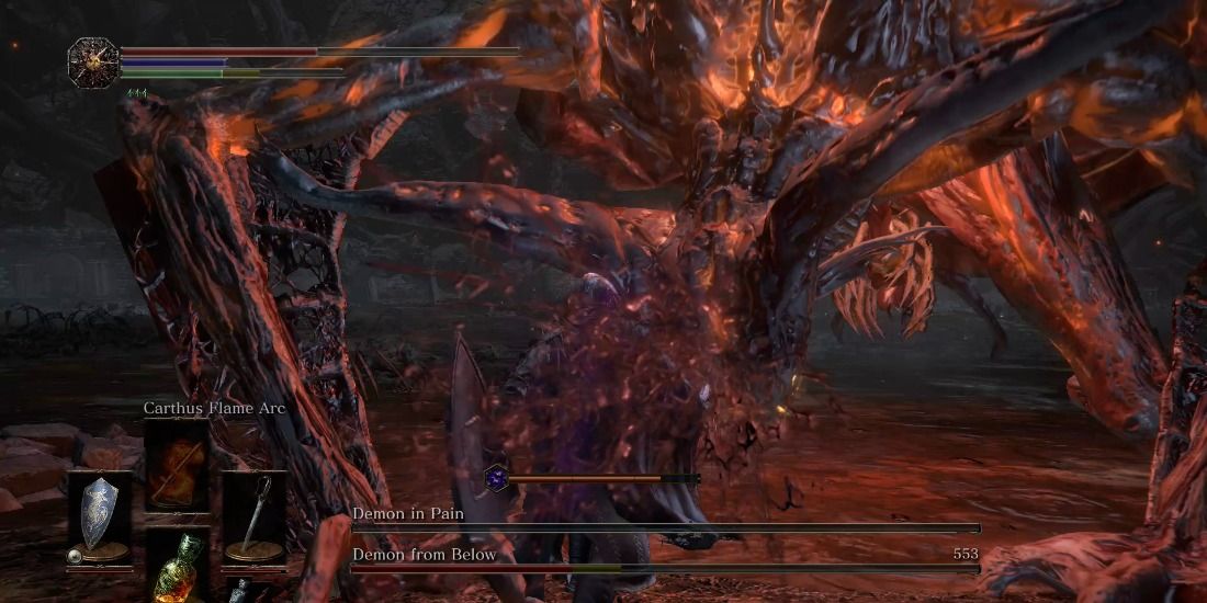 One player hitting a demon boss in Dark Souls 3 with a special stab to the head