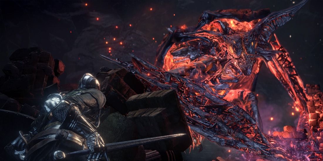 The Demon Prince of the Ringed City in Dark Souls 3 assaulting a shielded knight