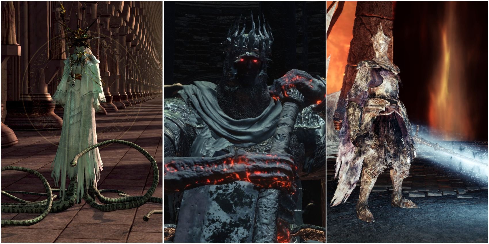 Dark Souls Best Gimmick Fights including Yhorm, Gwyndolin, and Burnt Ivory King.