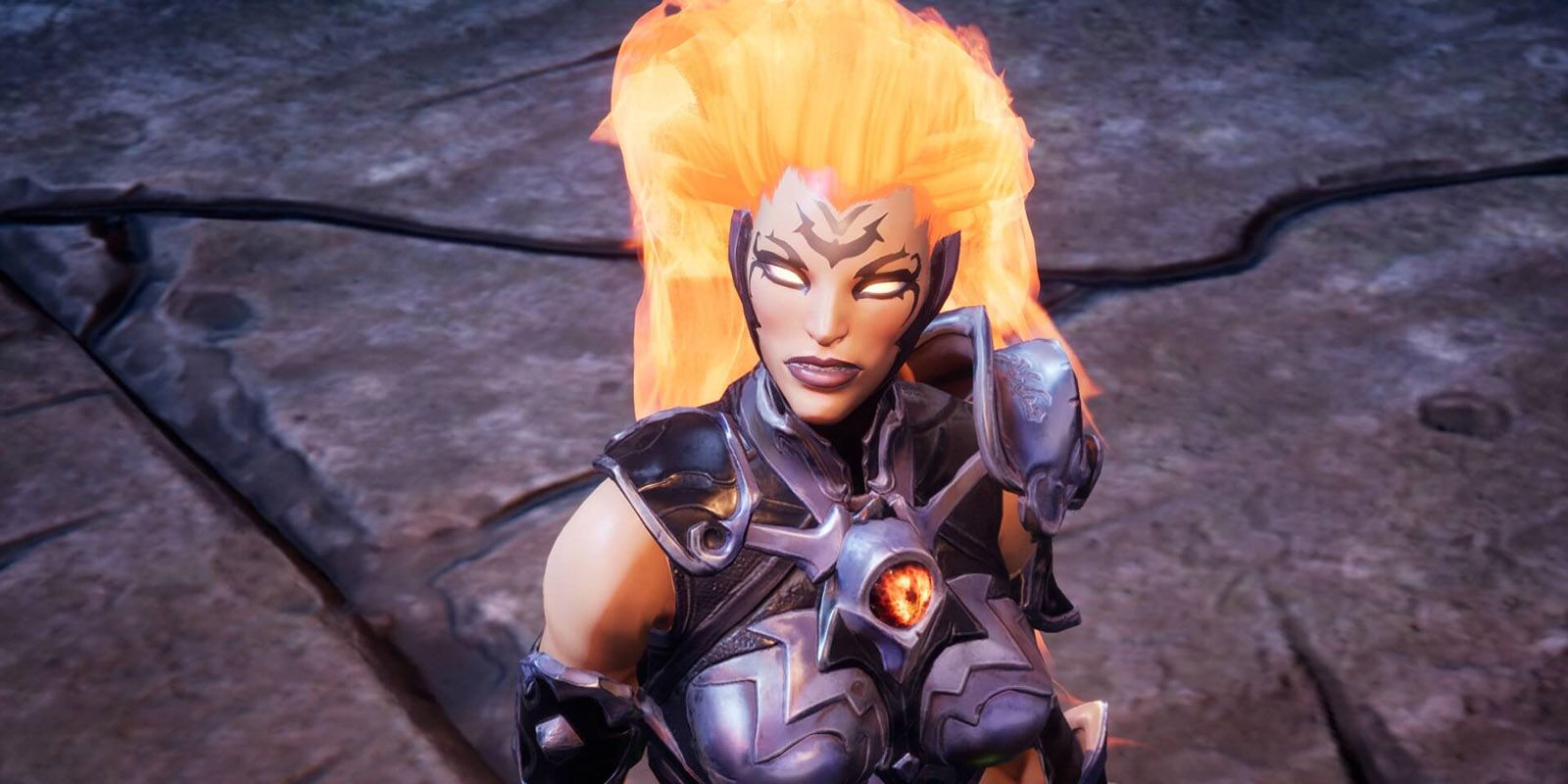 Darksiders 3 Fury looking up with hair and eyes glowing orange