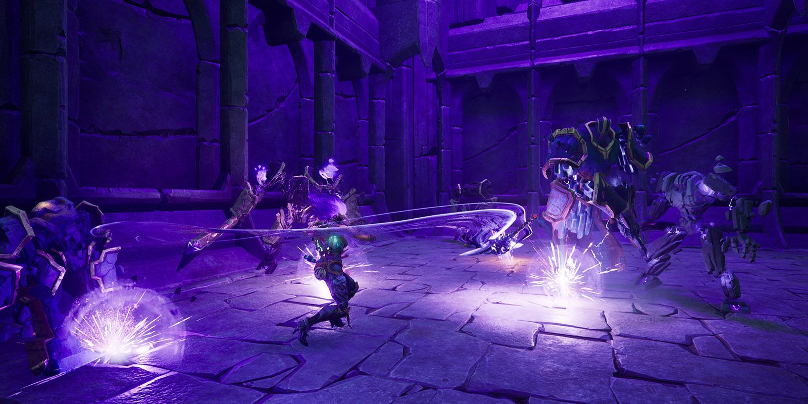 Darksiders 3 Fury uses Force Wing in a purple room full of enemies