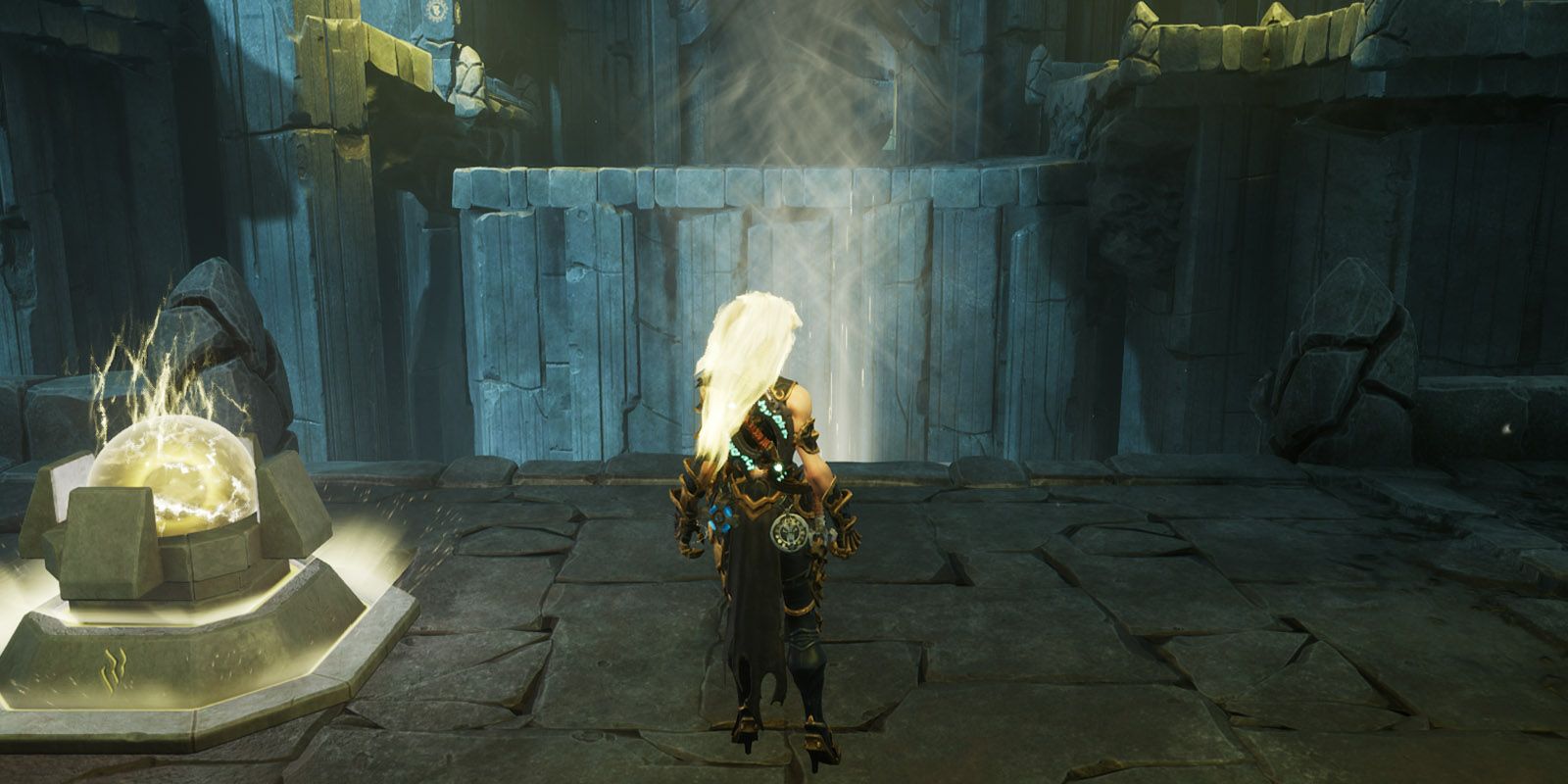 Darksiders 3 Fury standing in stone structure, nearby glowing orb