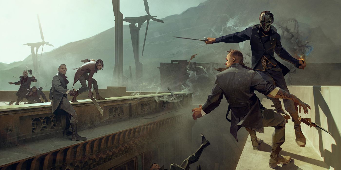 Dishonored 2 Official Art Of A Fight On The Rooftops Of The City